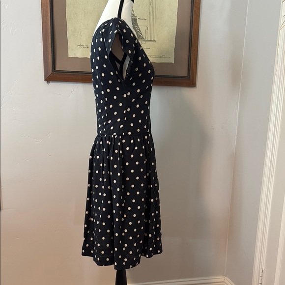 Navy and Cream Fit and Flare Midi Dress with Flutter Sleeves - Picture 3 of 5